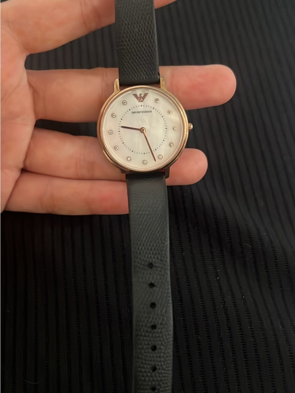 Emporio Armani Black Strap Rose Gold Case Mother-of-Pearl Dial Watch